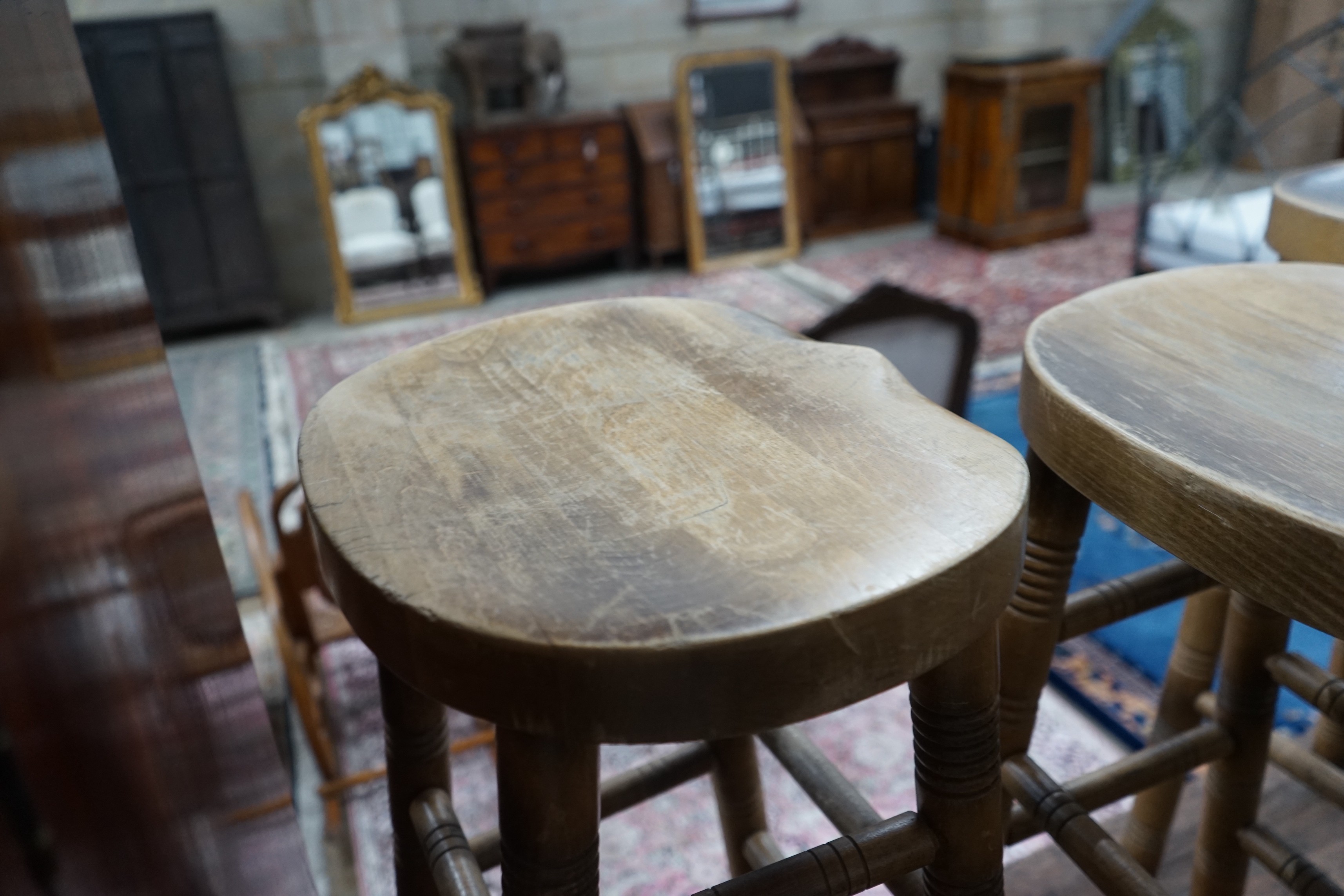 Three turned beech bar stools, height 77cm